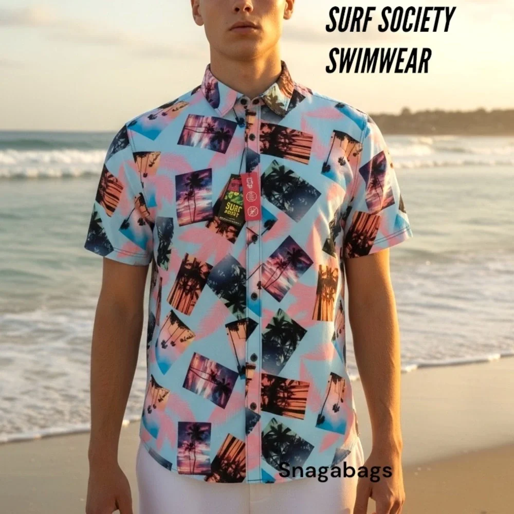 Surf Society Swimwear NWT Men’s XL Button Up Shirt Bright Fun Print UV Moisture